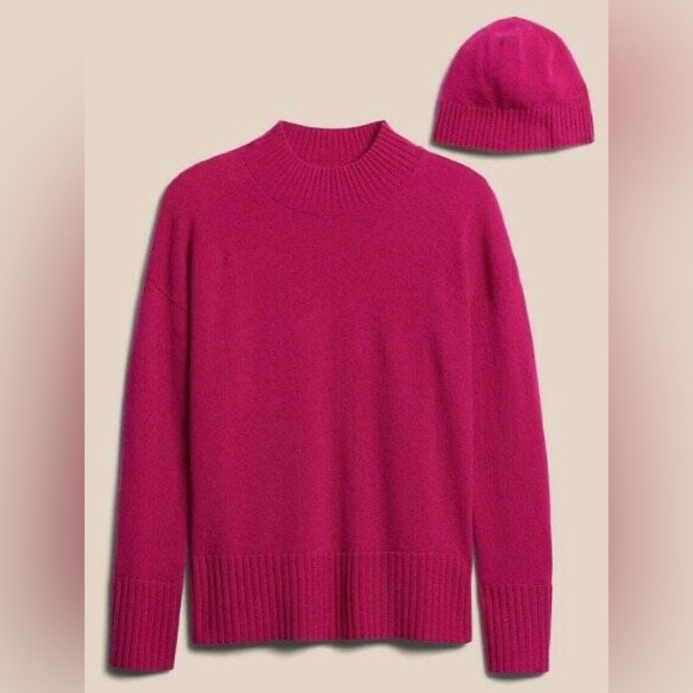 BANANA REPUBLIC BRIGHT PEONY PINK CASHMERE BEANIE SWEATER SET